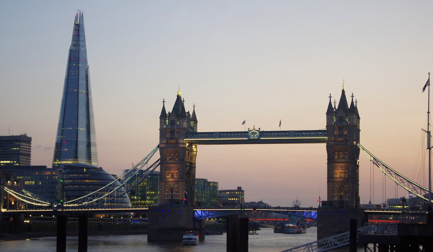 Tower Bridge and the Shard across the Thames at sunset